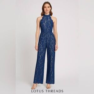 Lotus Threads Navy Blue Racerback Lace Jumpsuit Sleeveless Wide Leg